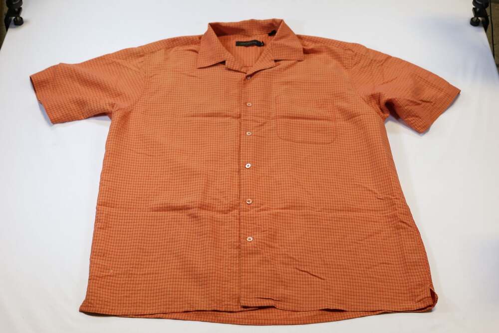 Bugatchi Uomo Mens XL Orange Plaid Seersucker Short Sleeve Button Down Shirt